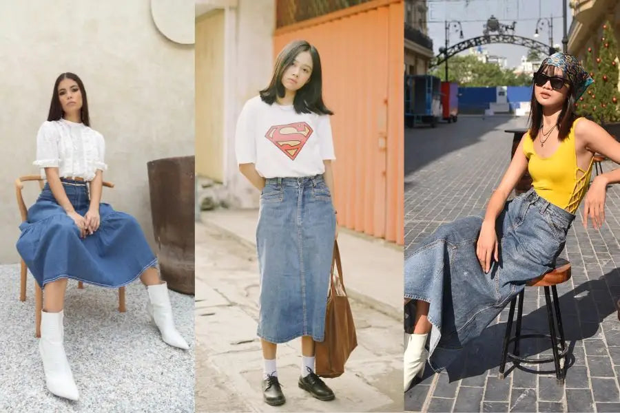 what to wear with long denim skirt