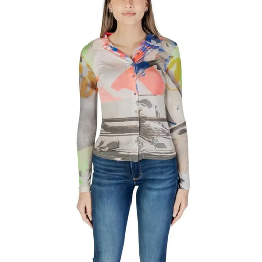 Abstract patterned cardigan in coral, blue, yellow, and gray for Desigual Women’s shirt