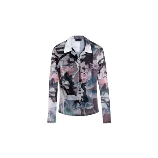 Abstract patterned denim jacket in pink, gray, and teal paired with Desigual Women’s shirt