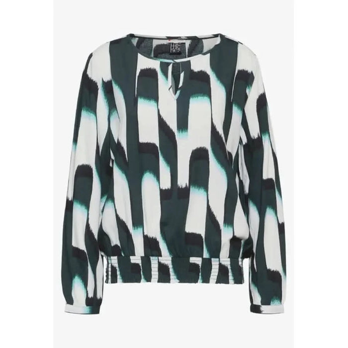 Abstract long-sleeved blouse by Street One featuring green, white, and teal geometric patterns