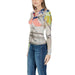 Abstract patterned zip-up cardigan featuring colorful geometric shapes and long sleeves