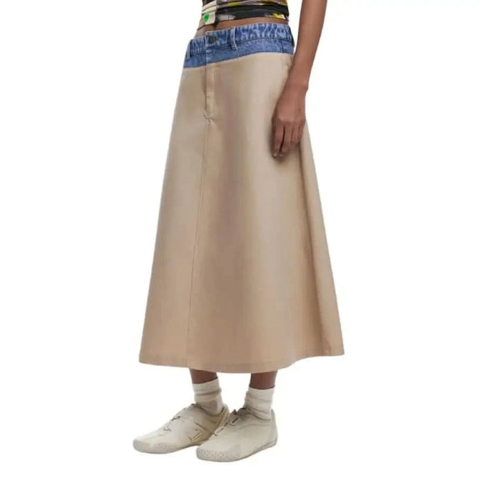 Beige A-line skirt with denim waistband from Desigual featuring pockets and a cotton blend