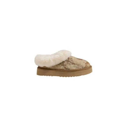 Beige and brown Alviero Martini slip-on flats with white fur trim for women