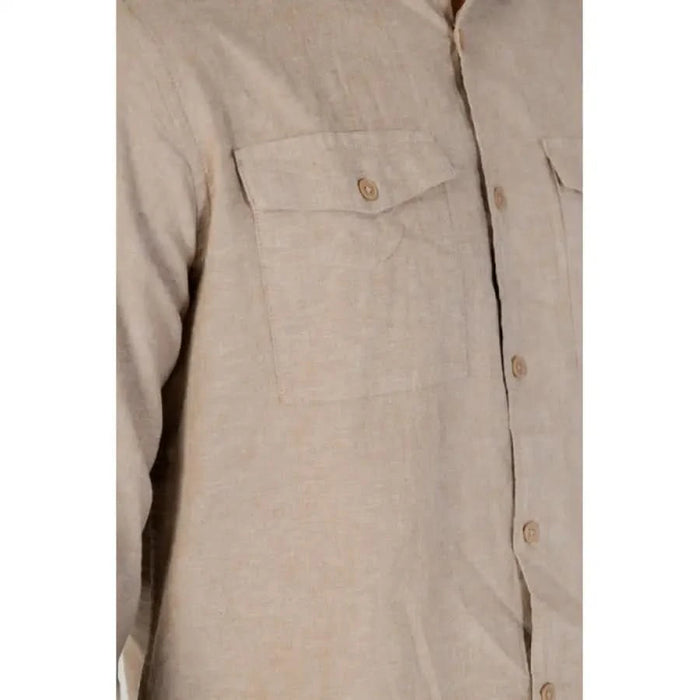 Hamaki-ho Men Beige Button-Up Shirt with Chest Pockets Displayed on Product Page