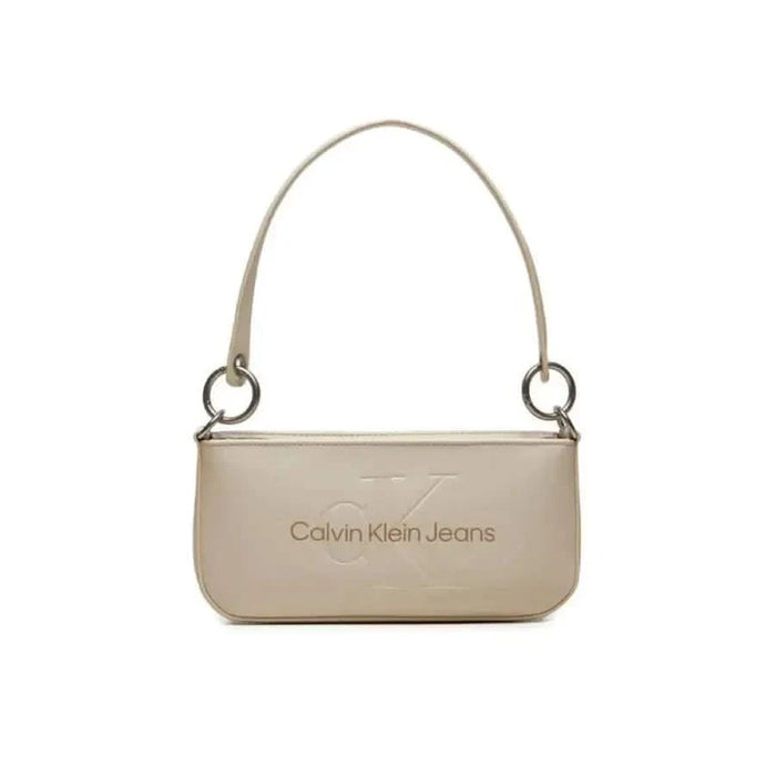 Beige Calvin Klein Jeans handbag with short strap and metal rings for women