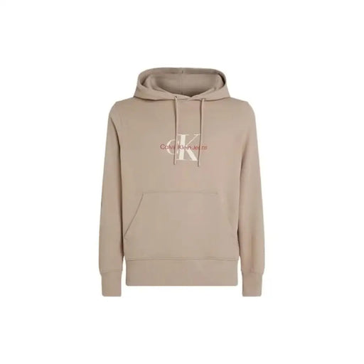 Beige Calvin Klein hoodie featuring a monogram logo on the chest for men