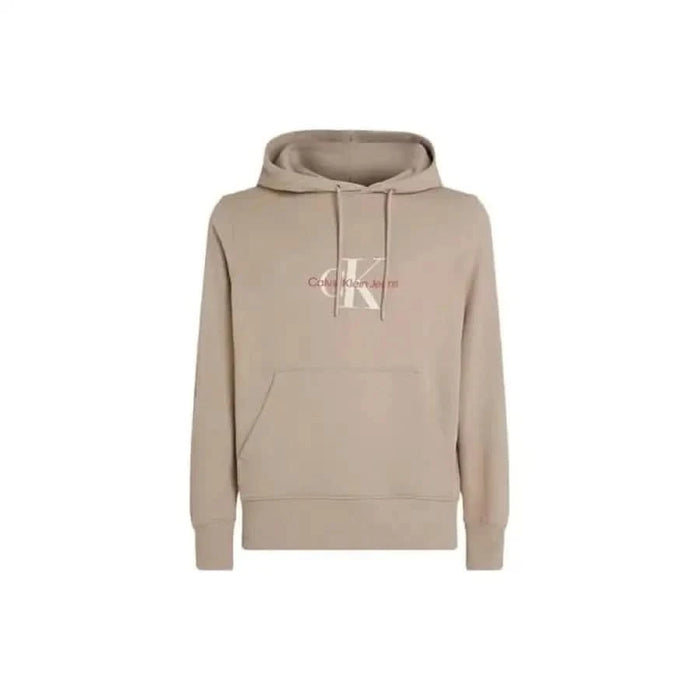 Beige Calvin Klein hoodie featuring a monogram logo on the chest for men