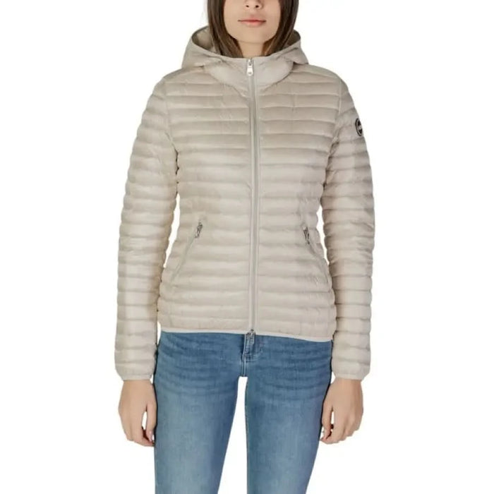 Beige hooded puffer jacket showcased in Colmar Originals Women’s Grey Turtleneck Jacket