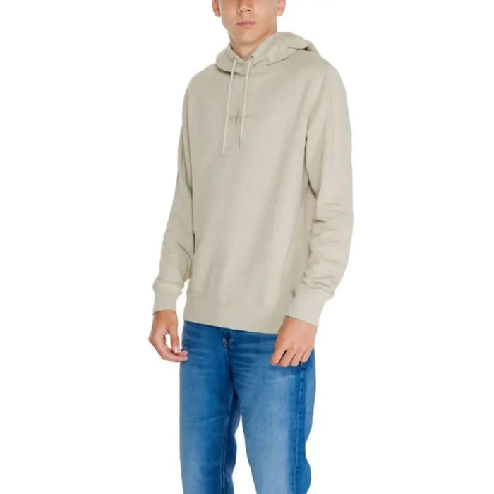 Calvin Klein Jeans Men Sweatshirts Beige Hooded Sweatshirt with Blue Jeans