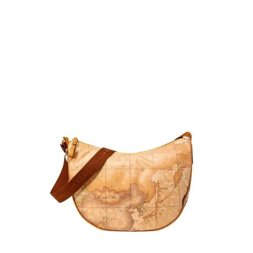 Beige leather handbag with world map print and brown shoulder strap by Alviero Martini