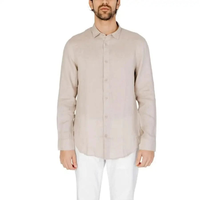 Armani Exchange Men Shirt: Beige long-sleeve button-up, styled with white pants