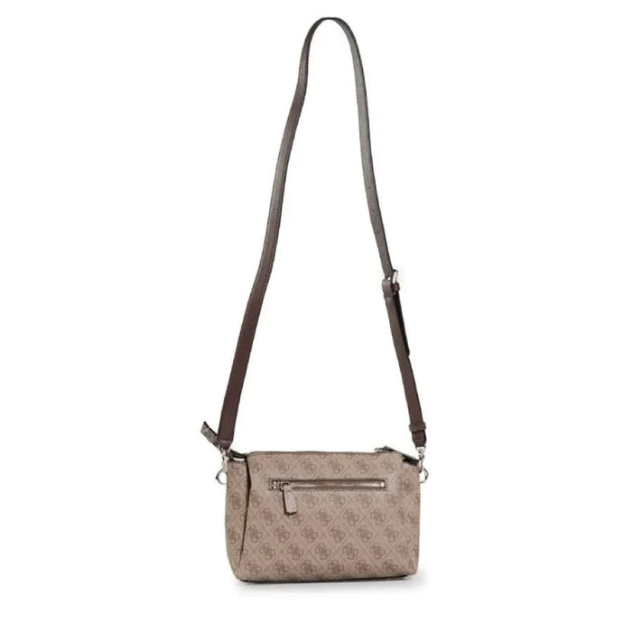 Beige patterned crossbody handbag with brown leather strap by Guess Women Bag