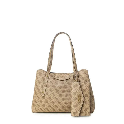 Beige patterned Guess handbag with double handles and a small attached pouch