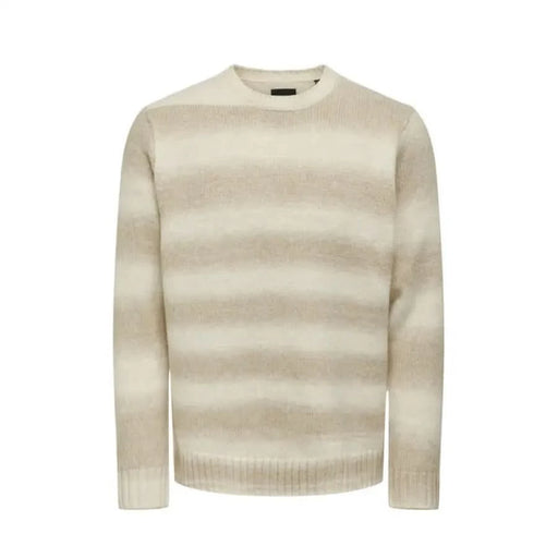 Beige striped crew neck sweater with gradient shading from Only & Sons Men Knitwear