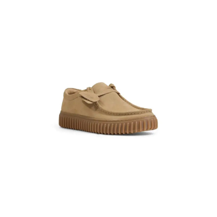 Beige suede moccasin-style shoe with thick rubber sole from Clarks Men Moccassin