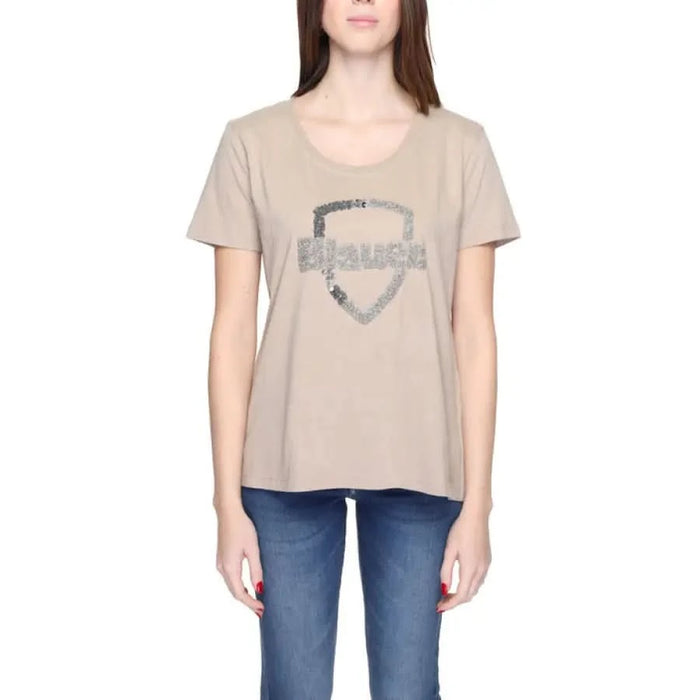 Blauer Women T-Shirt: Beige with Glittery Shield-Shaped Logo on Front