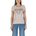 Beige t-shirt featuring metallic triangular Guess logo in Women’s White Print T-Shirt