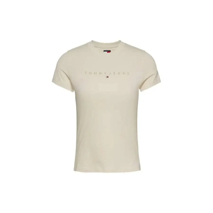 Beige Tommy Hilfiger Women’s T-Shirt featuring minimal text branding and stylish design