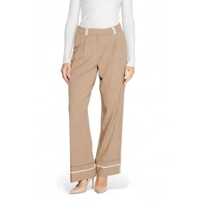 Beige wide-leg trousers with white trim by Only in the Women Trousers collection