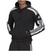 Black Adidas hoodie featuring white stripes on the sleeves and shoulders