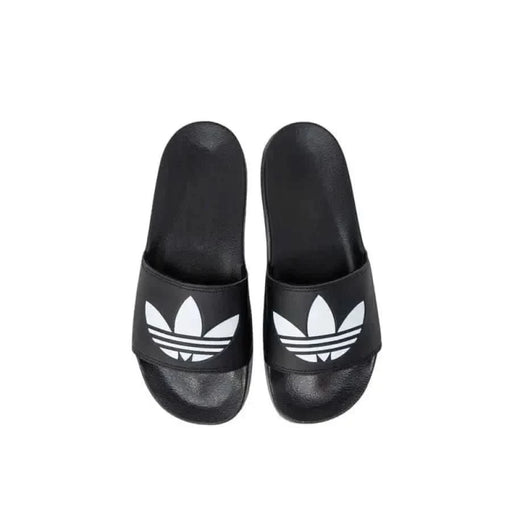 Black Adidas slide sandals featuring the iconic white Trefoil logo for men