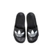 Black Adidas slide sandals featuring the iconic white Trefoil logo for men