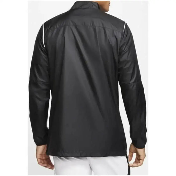 Black Nike athletic jacket with white piping detail, displayed from the back