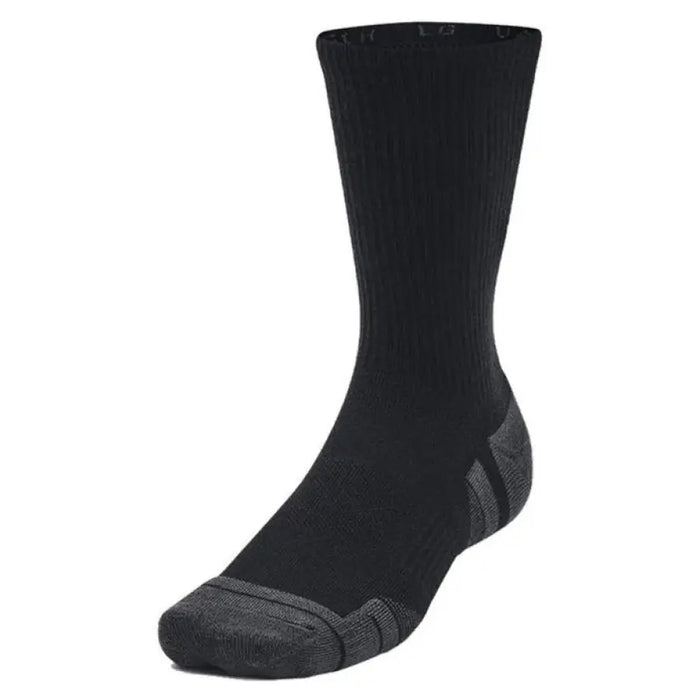 Black Under Armour athletic sock featuring gray reinforced heel and toe areas