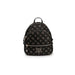 Black Guess women’s backpack featuring a logo pattern and triangular metal emblem