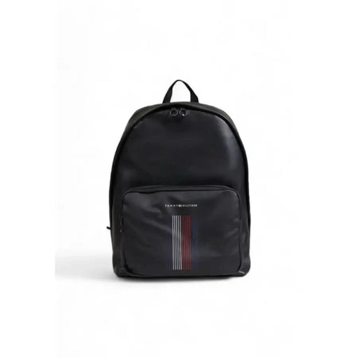 Black Tommy Hilfiger backpack with vertical stripes on front pocket for men