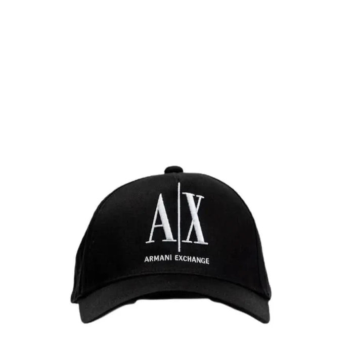 Black baseball cap featuring white AX Armani Exchange logo, ideal for stylish men