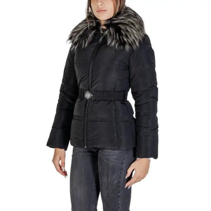 Black belted puffer jacket with faux fur trim hood by Guess for women