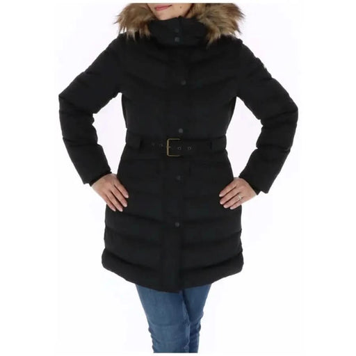 Pepe Jeans - Womens Black Belted Puffer Coat with Fur-Trimmed Hood