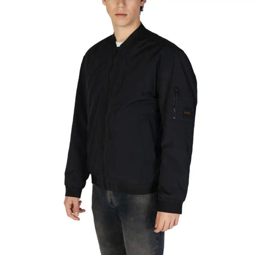 Black bomber jacket with zippered sleeve pocket from Boss Men’s Spring/Summer Collection