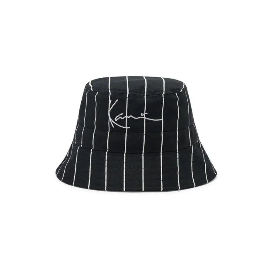 Black bucket hat with white stripes and logo - Karl Kani Women Cap | Urban fashion accessory