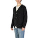 Black button-up cardigan sweater with ribbed trim for men, styled as a long low-cut v-neck