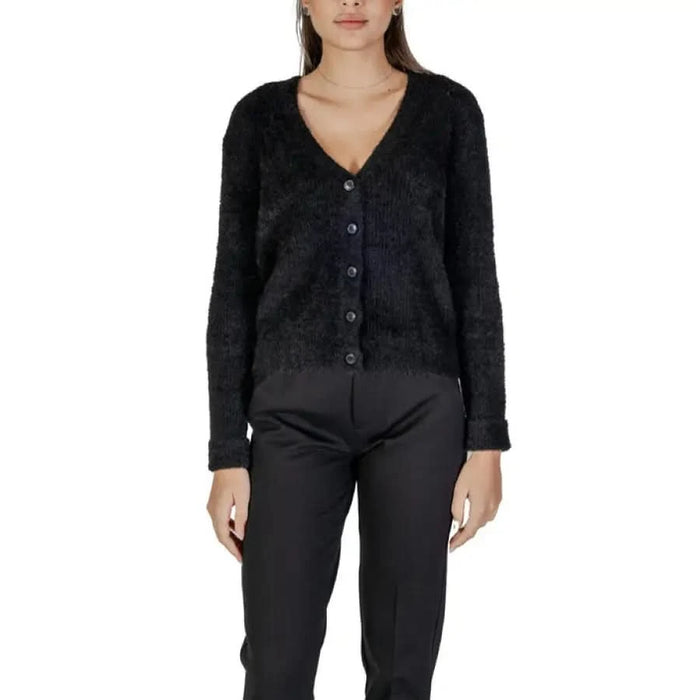 Black button-up cardigan sweater with long sleeves and V-neckline by Street One