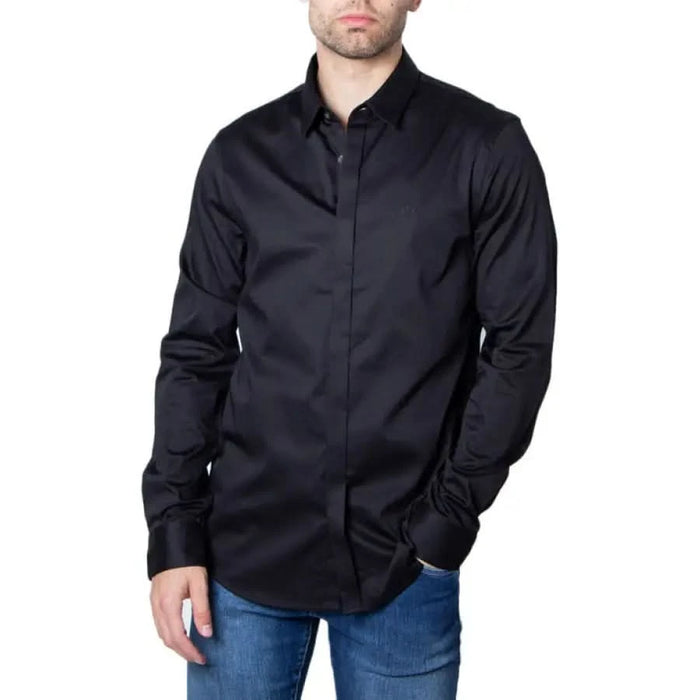 Armani Exchange Men Shirt: Black button-up dress shirt with blue jeans