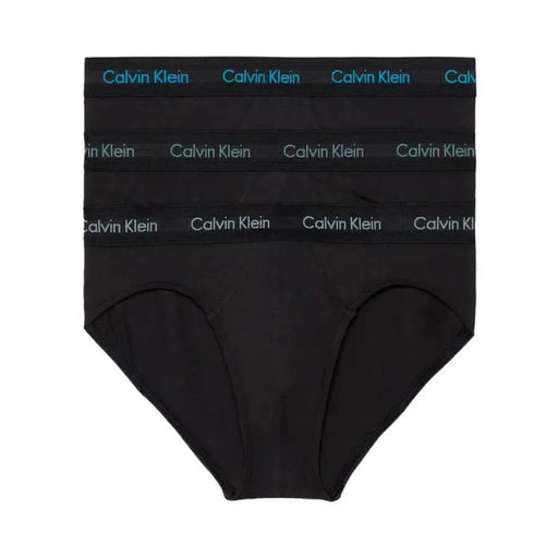 Black Calvin Klein men’s brief underwear with colorful repeating logo waistbands