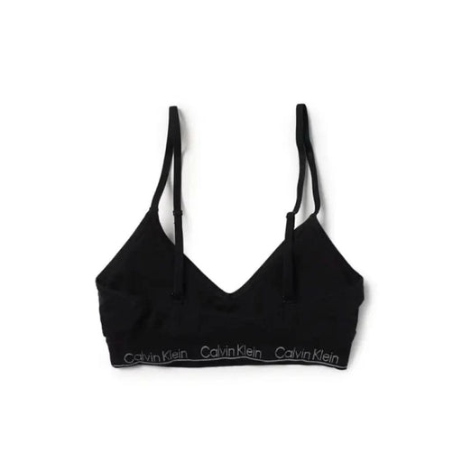 Black Calvin Klein sports bra with thin straps and branded elastic band for women