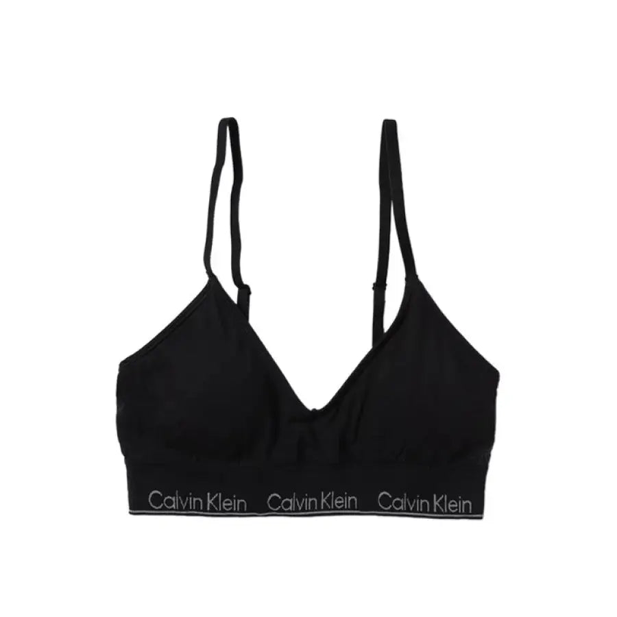 Black Calvin Klein sports bra with thin straps and branded elastic band for women