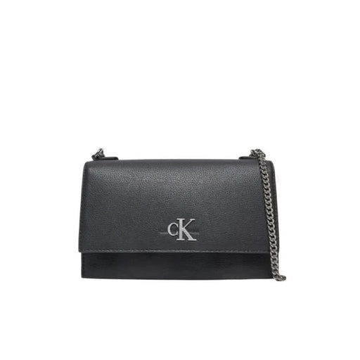 Black Calvin Klein crossbody bag featuring silver chain strap and CK logo