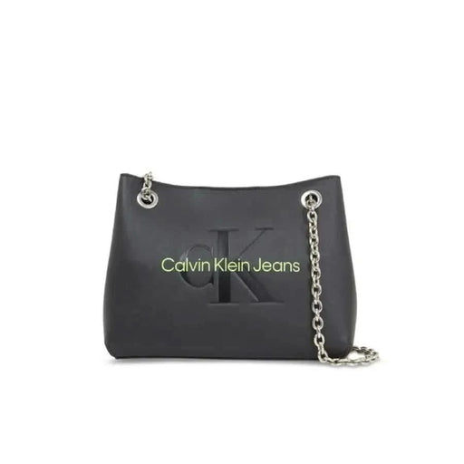 Black Calvin Klein Jeans handbag with chain strap and logo, featured in Calvin Klein Women Bag