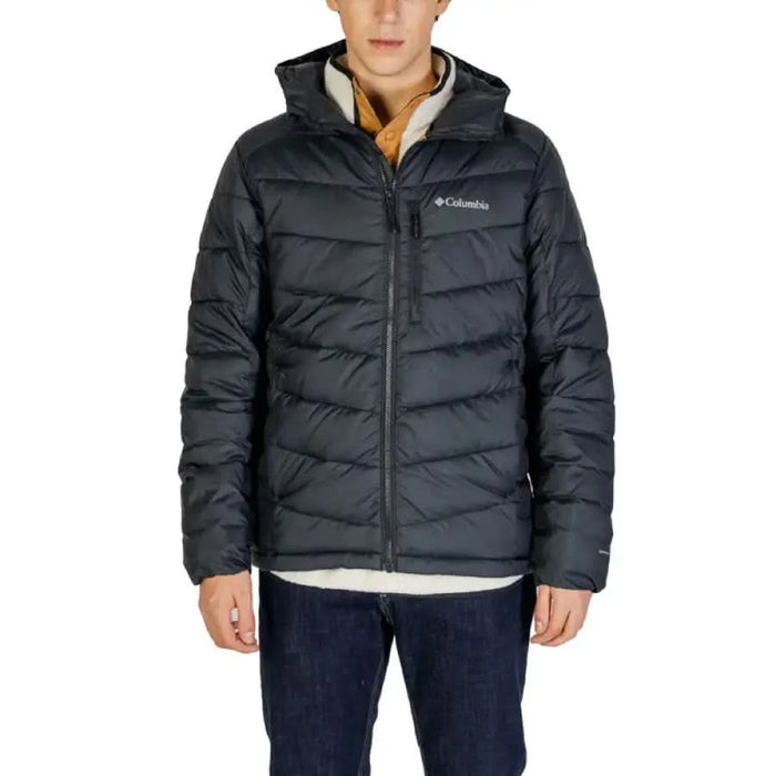 Black Columbia puffer jacket with a hood for men, stylish and warm outerwear