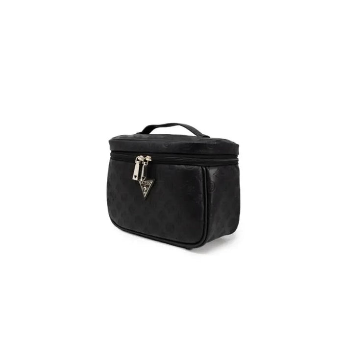 Black Guess women’s cosmetic bag with zipper and handle for travel and storage