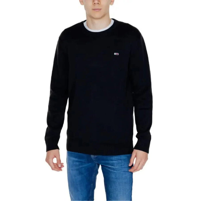 Black crewneck sweater with logo for Tommy Hilfiger Jeans Men Knitwear