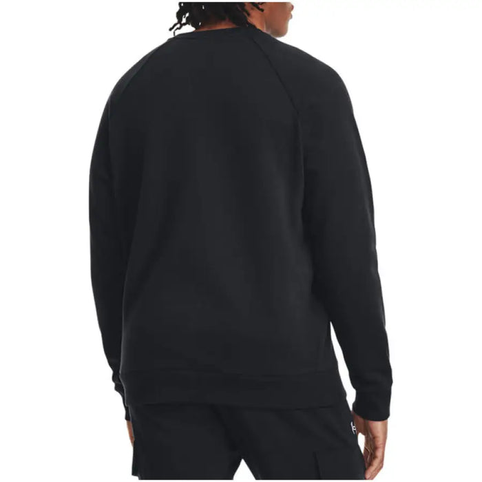 Black crewneck sweatshirt for men shown from behind, ideal for fall and winter wear