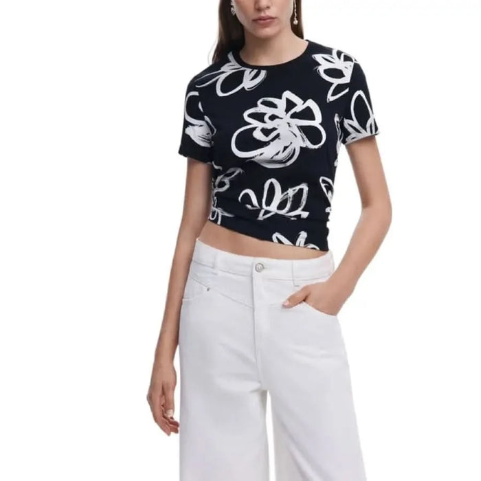 Black Desigual Women’s Round Neck T-Shirt with White Abstract Floral Print