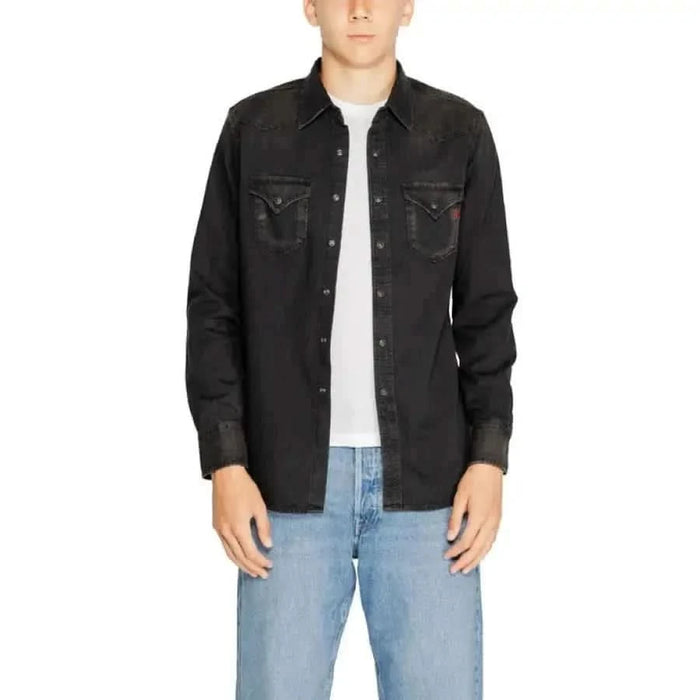 Replay Men Shirt - Black denim shirt jacket with chest pockets over a white t-shirt