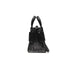 Black designer handbag with monogram pattern and leather trim by Armani Exchange